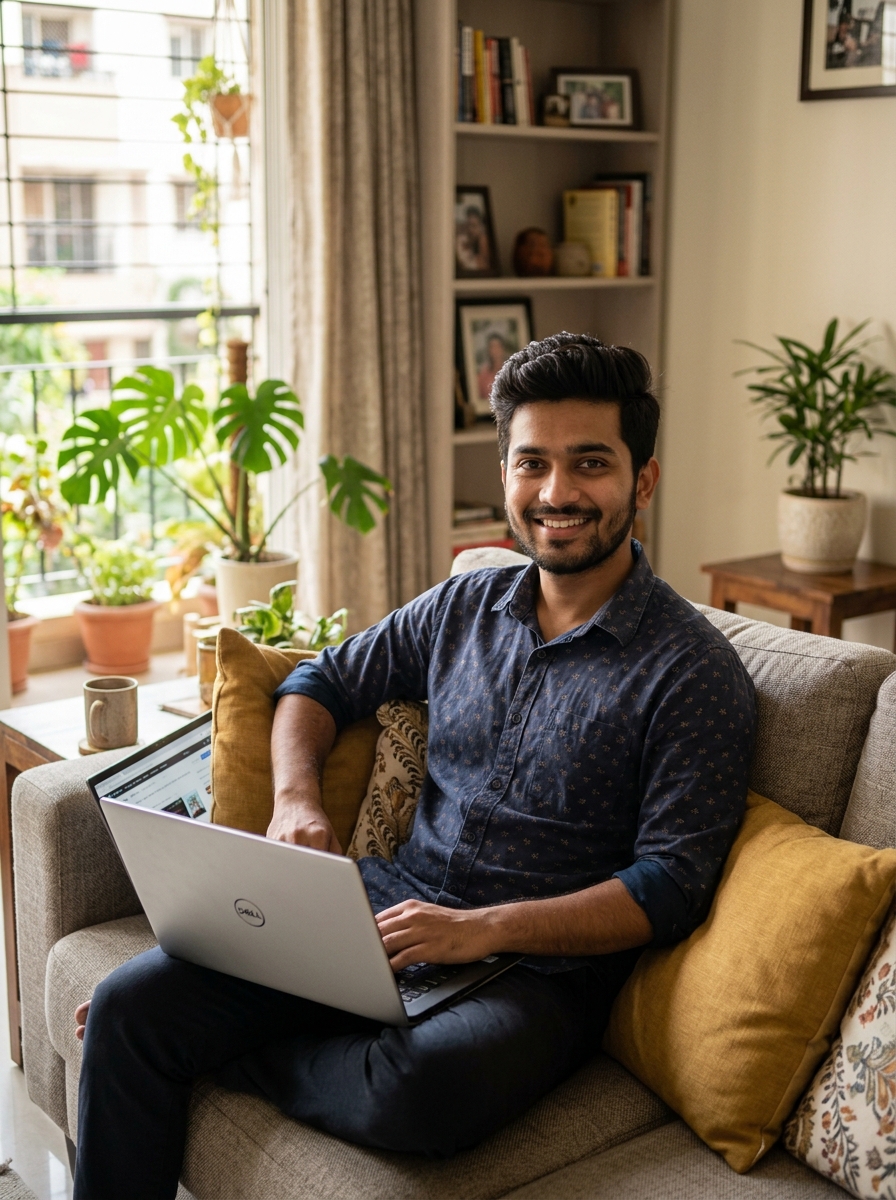 Indian listener working from home on laptop